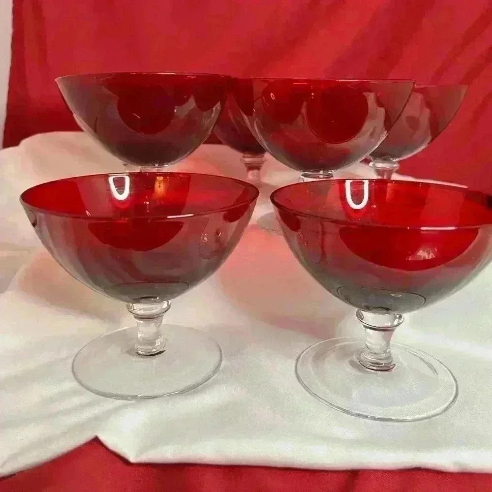 Vtg. 7- Cranberry Glass, footed Sherbet glasses/ wafer stems - Picture 3 of 7